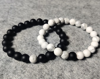Onyx & Howlite Beaded Bracelet Set: Long Distance Relationship Jewelry