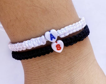 Personalized Initial Heart Macrame Partners Bracelets Set of 2, Letter Beads Matching Couple Bracelets, Gift Boyfriend Girlfriend Friendship