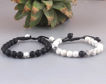 Macrame Bracelets Set ADJUSTABLE Matching Pair Set - Black White - Long Distance - For Friendships/relationships/couples - Gemstone Bracelet