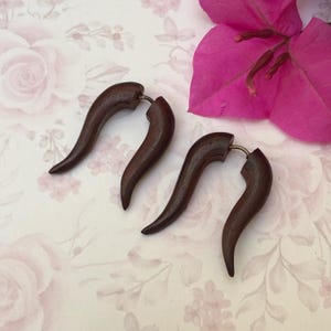 Rose Wood Horns Fake Gauges, Hand Carved Wooden Earrings, Fake gauge earrings, wooden stud tribal earrings for women