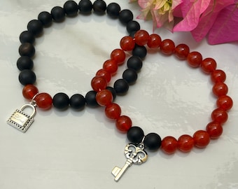 Distance Bracelets Set - Matte Black Onyx & Red Onyx Matching Pair - Lock And Key Charm Bracelets - For Friendships /relationships /couples