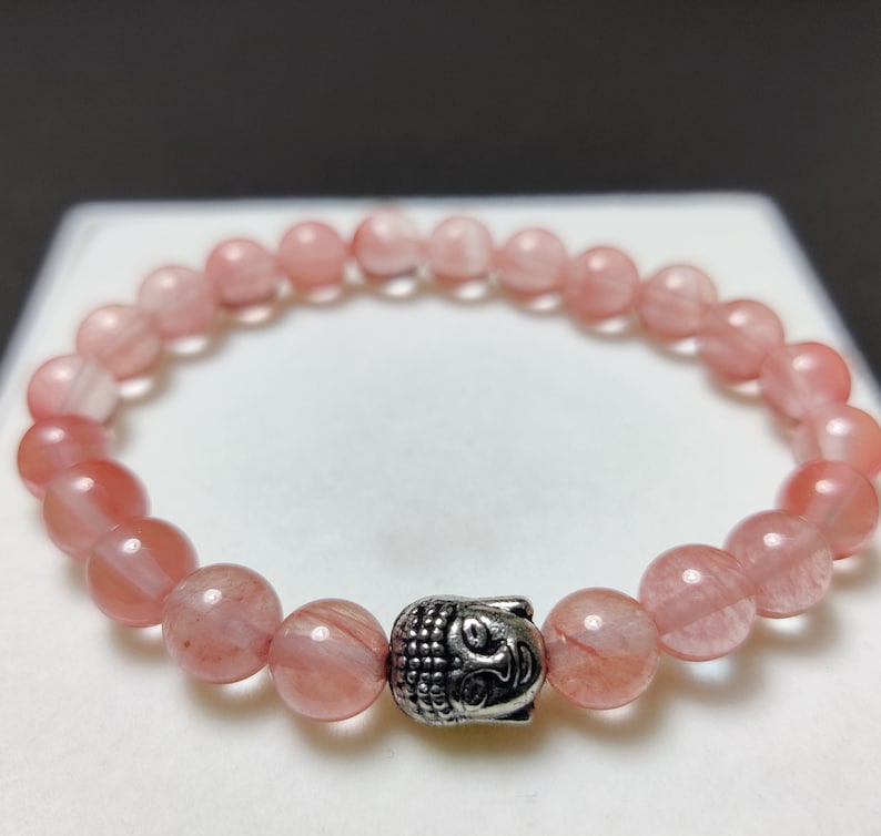 Buddha Bracelet, Gemstone Bracelet, Buddhist Prayer Beads Bracelet, Prayer Bracelet for Women, Mens Beaded Bracelet, Mala Bracelet for Her Cherry Quartz