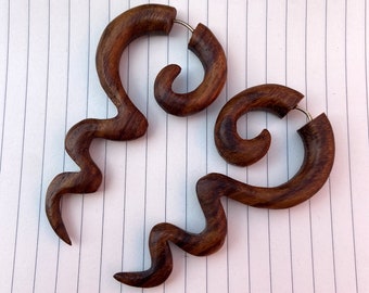 Hand Carved Wood Spiral Earrings: Tribal Fake Gauges