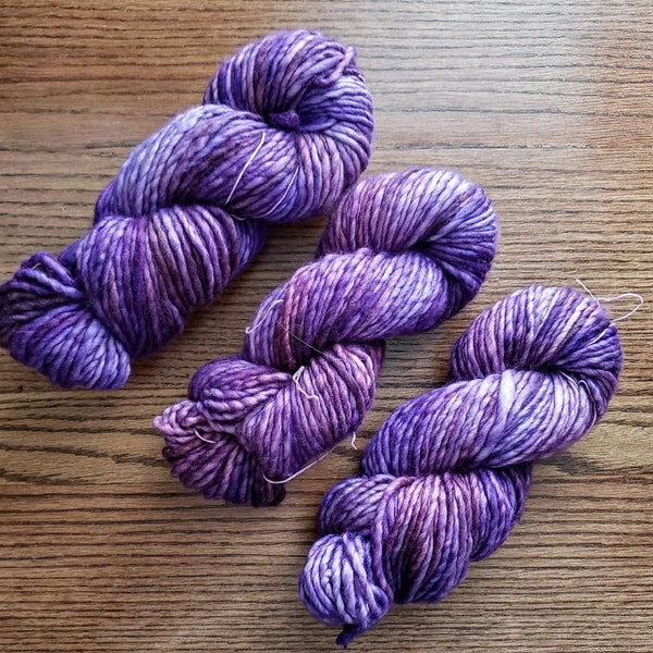 Hand dyed yarn, Amethyst, small batch, single-ply, light super bulky, indie dyed, gemstone, birthstone, wool, nylon, purple, semi-tonal