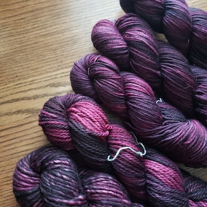 Hand dyed yarn, What Was Everything, wine, black, Indie Dyed, Small Batch, Bulky, Superwash, Merino, Nylon, luxury, indie, variegated