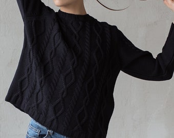 Handmade Merino Wool Cable Knit Sweater - Relaxed Fit
