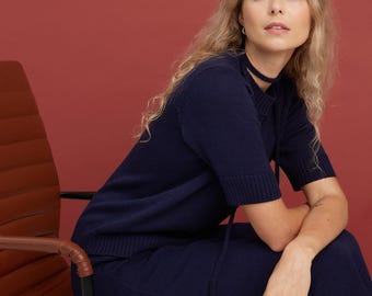 Hand Knit Merino Wool Top: Short Sleeve Blue Blouse