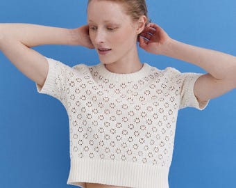 Handmade Cotton Knit Lace Crop Top, Short Sleeve Boho Blouse