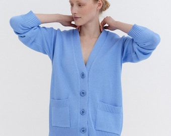 Knitted Cotton Cardigan: Oversized Light Blue Sweater Jacket