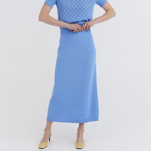 Knitted cotton long skirt for women, A-line long skirt in sky blue, Organic cotton maxi skirt, High waisted skirt, Natural knit maxi skirt
