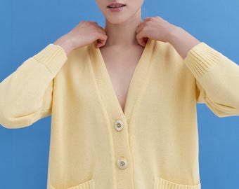 Handmade Knit Cotton Cardigan: Oversized Pockets, Buttoned Jacket