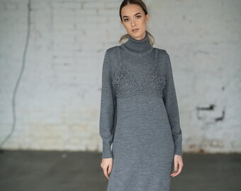 Grey soft merino wool relaxed fit knit sweater dress, Natural merino wool dress for women, Merino wool longline tunic, Winter sweater dress