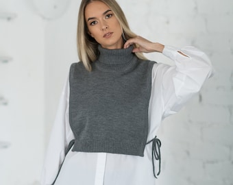 Gilet en tricot à col roulé pour femme, Gilet en laine mérinos grise, Gilet de type pull minimaliste, Pull sans manches élégant, Plus de couleurs disponibles