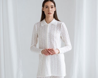 Knitted lace merino ladies shirt-suit, White knit suit for formal events or office casual smart wear, Light merino wool knitwear, Sizes XS-L