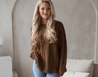 Pull torsadé pour femmes en laine mérinos, pull tressé pour femme, pull en laine en tricot marron, pull en laine mérinos à col rond, pull tressé unisexe