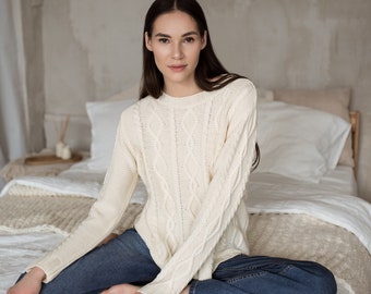 Handgemachte Merino Wolle Zopf Pullover - Damen Strick Pullover