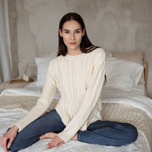 Braid wool sweater for women, Handmade merino wool sweater, Ladies braid sweater, Knitted wool sweater, 3 colors, 2 sizes