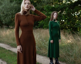 Merino Wool Knit Dress: High Waist A-Line Tunic