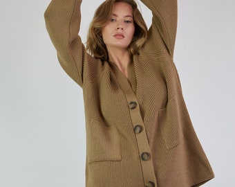 Oversized fishermans cardigan, Knitted V neck cardigan, Button down cardigan, Beige cardigan sweater, Handmade wool cardigan