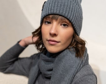 Conjunto de gorro y bufanda de lana merino: accesorios de invierno de punto acanalado
