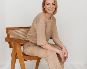 Beiges Leinen Lounge Set für Frauen, Minimalistischer zweiteiliger Leinen Strickanzug, Leinen Top und Hosen Set