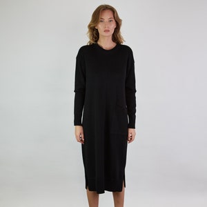 Knit wool dress, Relaxed fit wool tunic jumper, Organic winter pullover, Natural knit jumper, Black wool longline tunic, Knit tunic dress