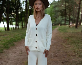 Merino Wool Knit Loungewear Set: Handmade Cardigan & Wide Pants
