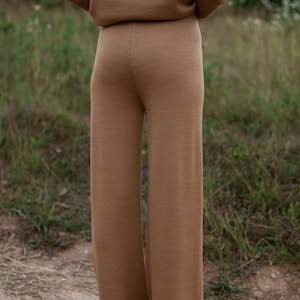 Merino Wool Knit Pants: High Waist Wide Leg Trousers