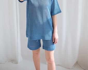 Blue flared linen shorts, Minimalist linen knit shorts with drawstring, High-rise linen Bermuda shorts