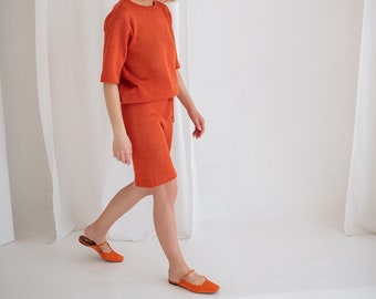 Orange linen bermuda shorts, Straight-leg knitted shorts with drawstring, Women's lightweight summer short