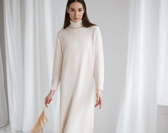 100% Merino Wool Turtleneck Sweater Dress, Long Sleeve Knitwear, Minimalist Winter Dress