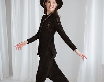 Lace Knitted Merino Wool Blouse: Button Front Long Sleeve Blouse for Women