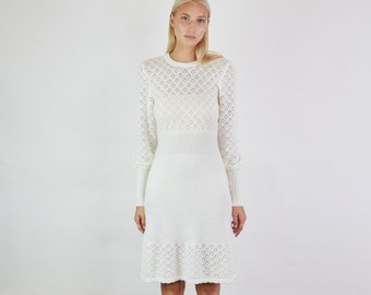 Knit merino wool dress, Bridal merino wool dress, Lace bridal dress, Knit wool dress, White gathered waist dress