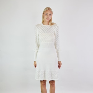 Knit Merino Wool Bridal Dress: White Lace, Gathered Waist
