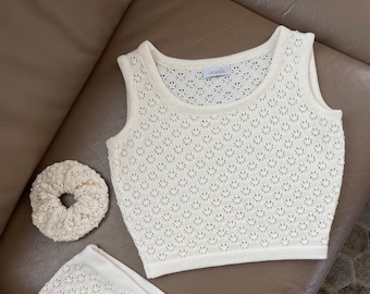 Spitze Merino Wolle Crop Tank Top: Ärmellose Strick Bluse