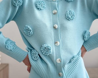 Merino Wool Cardigan: Knitted Button-Down Sweater with Crochet Flowers