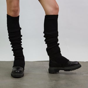 Black knitted leg warmers, Merino wool leg warmers, Knit boot socks, Knit wool leg warmers, Knit boot cuffs image 1