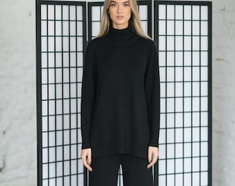 Women&#39;s turtleneck sweater and pants set, Two-piece co-ord set for women, Knitted merino wool pants, Minimalist merino wool pullover
