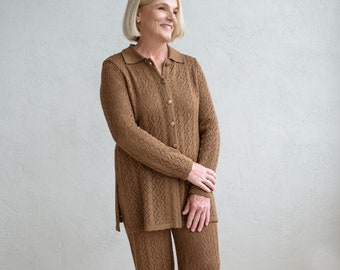 Knitted Merino Wool Lace Set: Wide Leg Pants & Button Tunic