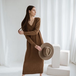 Knitted merino wool dress, Long sleeve dress, Long V-neck dress, Casual merino dress, Merino wool knitwear, Handmade merino wool outfit