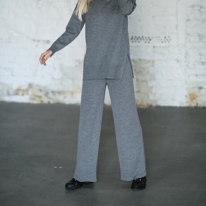Grey wide-leg pants for women, Merino wool pants, Straight-leg pants, Minimalist trousers with elastic waist, Women's loungewear