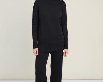 Merino Wool Knit Loungewear Set: Women's Wide Leg Pants & Turtleneck