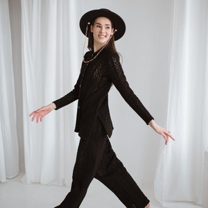 knitted merino wool black lace suit and pants for formal, office or restaurant look. Handmade in Lithuania.