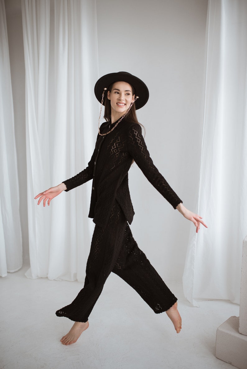 knitted merino wool black lace suit and pants for formal, office or restaurant look. Handmade in Lithuania.