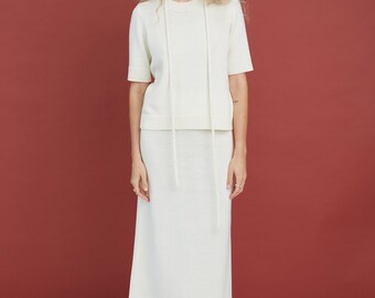 Knitted Merino Wool Skirt Set for Women- Short Sleeve Top and Long Skirt