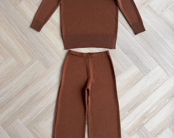 Merino Wool Knit Loungewear Set: Women's Wide Leg Pants & Turtleneck