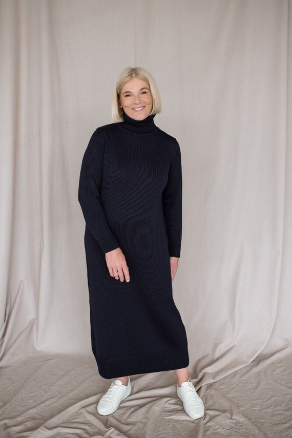 Black Knit Turtleneck Dress: Merino Wool Tunic, Capsule Wardrobe