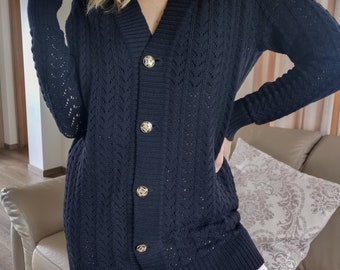 Lace wool cardigan, Long tweed cardigan, Handmade wool coat, Natural black cardigan, Women wool sweater, Hand knitted wool top