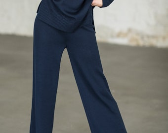 Pantalon en tricot de laine mérinos pour femme, Pantalon large en laine mérinos, Pantalon droit, Vêtements de détente en laine mérinos pour femme, Pantalon en tricot à taille élastique