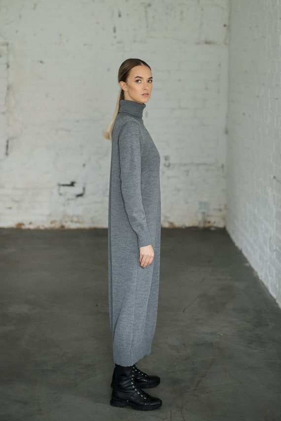 fine knit jumper dress Merino Wool Turtleneck Sweater Dress: Longline 1920s gown